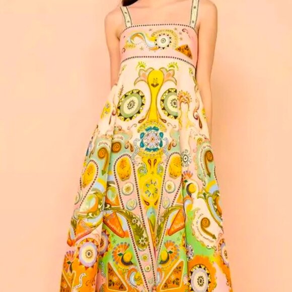 AVANT GARD Multi Color linen PAISLEY PRINT MIDI DRESS M BOAT NECK TIE BACK - Picture 2 of 7